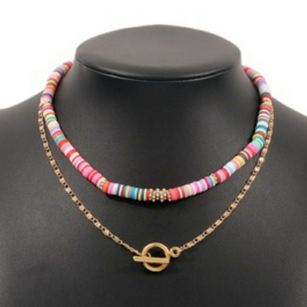 SEE MY SIMILAR NECKLACES Multi-color Faux Puka Shell Necklace Gold Tone Chain - Picture 5 of 12
